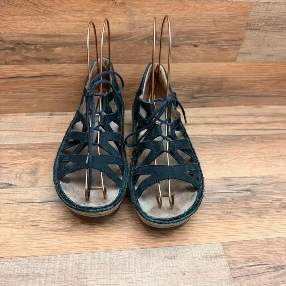 Naot size 7 38Eu Leather Lace-Up Wedge Sandals Yarrow Black Velvet